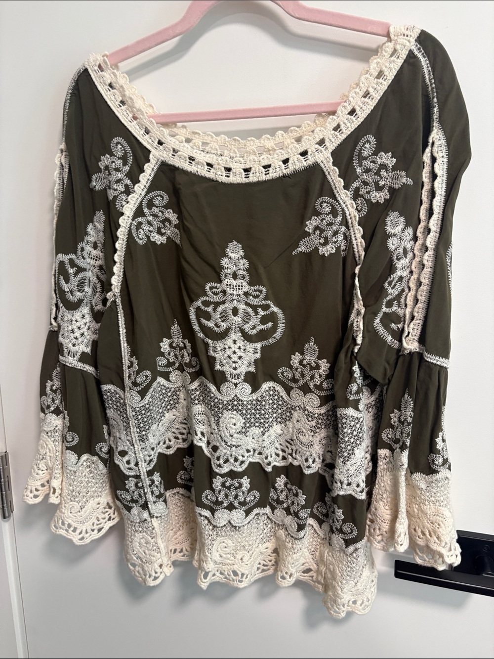 Democracy Olive Green Tunic with Cream Crochet Trim - Picture 4 of 4